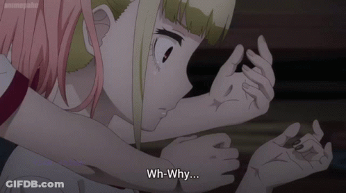 A Girl Is Hugging Another Girl With The Words Wh-Why Written On The Bottom GIF