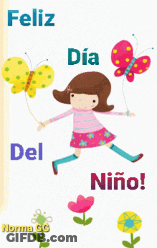 A Girl Is Jumping In The Air With Butterflies And The Words Feliz Dia Del Niño On The Bottom GIF