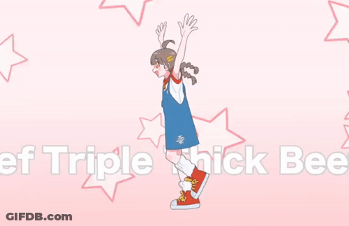 A Girl Is Jumping In The Air With The Words Triple Thick Beef Written Below Her GIF