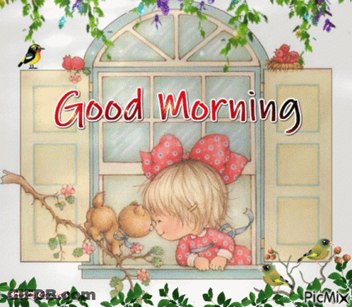 A Girl Is Kissing A Teddy Bear In A Window With The Words Good Morning GIF