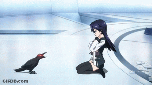 A Girl Is Kneeling Down In Front Of A Black Bird With Red Eyes GIF