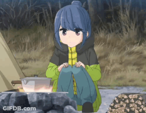 A Girl Is Kneeling Down In Front Of A Pot On A Fire . GIF