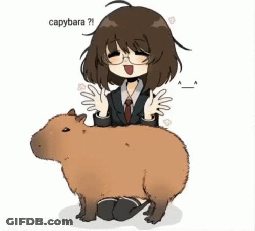 A Girl Is Kneeling Down Next To A Capybara That Says Capybara On It GIF