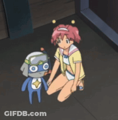 A Girl Is Kneeling Down Next To A Robot GIF