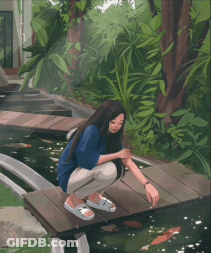 A Girl Is Kneeling On A Wooden Bridge Looking At Fish GIF