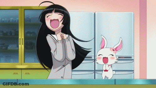 A Girl Is Laughing Next To A White Bunny With Pink Ears GIF