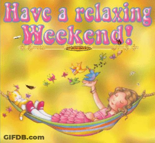 A Girl Is Laying In A Hammock With The Words Have A Relaxing Weekend Below Her GIF
