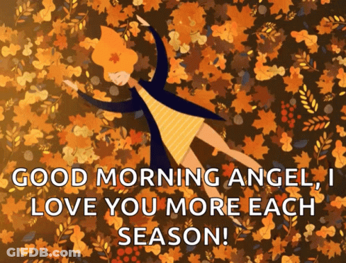 A Girl Is Laying In A Pile Of Leaves With The Words " Good Morning Angel , I Love You More Each Season " GIF