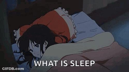A Girl Is Laying In Bed Under A Blanket With The Words `` What Is Sleep '' Written Above Her . GIF