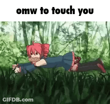 A Girl Is Laying In The Grass With A Sandwich In Her Mouth And A Message That Says `` Omw To Touch You '' . GIF