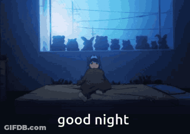A Girl Is Laying On A Bed In Front Of A Window With The Words Good Night Written Below Her GIF
