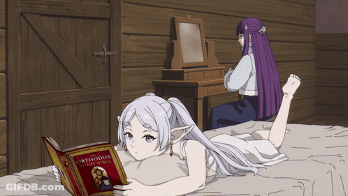 A Girl Is Laying On A Bed Reading A Book Called Orthodox Stories Bible GIF