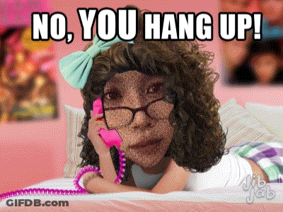 A Girl Is Laying On A Bed Talking On A Pink Phone With The Words No You Hang Up Above Her GIF
