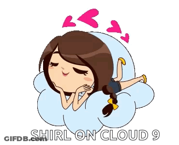 A Girl Is Laying On A Cloud With The Words Shirl On Cloud 9 Above Her GIF