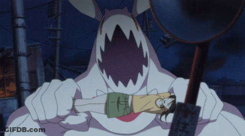 A Girl Is Laying On A Monster 'S Chest With A Sign That Says ' Eh ' On It GIF