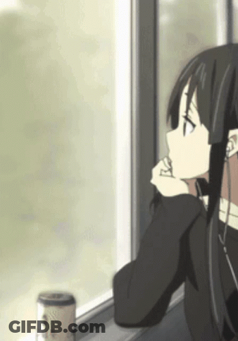 A Girl Is Looking Out Of A Window With A Can Of Coffee In The Foreground GIF