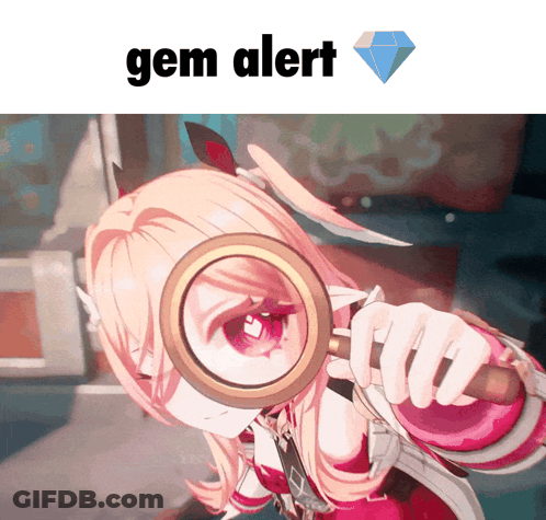 A Girl Is Looking Through A Magnifying Glass With The Words Gem Alert Written Above Her GIF