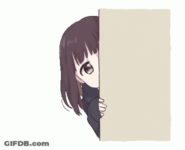 A Girl Is Peeking Out From Behind A Wall And Holding A Cardboard Box . GIF
