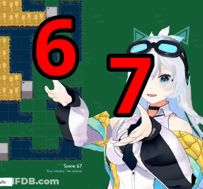 A Girl Is Pointing At A Red Number 67 GIF