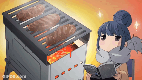 A Girl Is Reading A Book Next To A Grill GIF