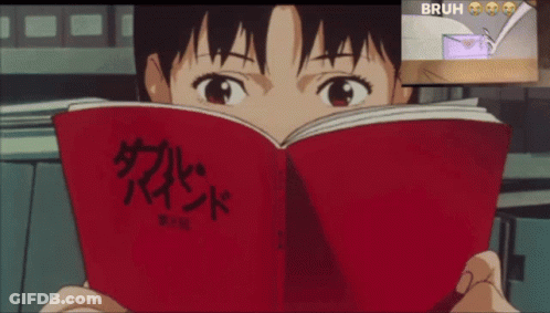 A Girl Is Reading A Red Book With The Word Bruh On The Bottom Right GIF