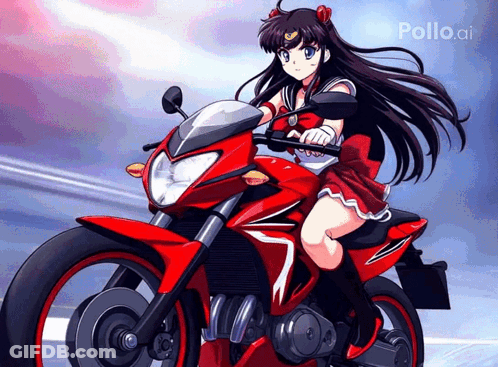 A Girl Is Riding A Red Motorcycle With Pollo.ai Written On The Bottom Right GIF