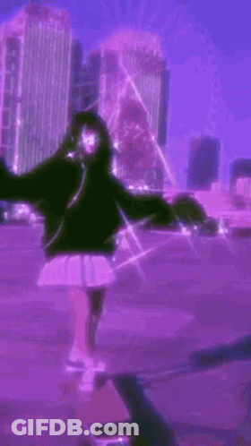 A Girl Is Riding A Skateboard In Front Of A Ferris Wheel In A Purple City . GIF
