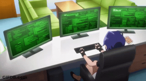 A Girl Is Sitting At A Desk Using A Computer With Three Monitors GIF