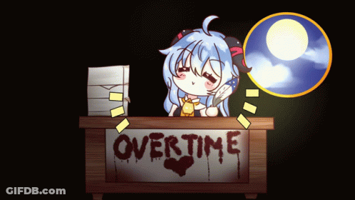 A Girl Is Sitting At A Desk With The Word Overtime Written On It GIF