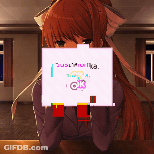 A Girl Is Sitting At A Table Behind A Sign That Says ' Jusli ' On It GIF