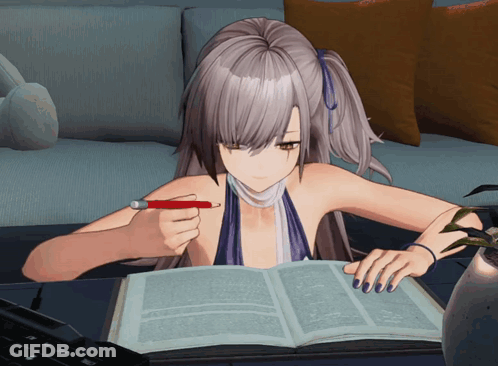 A Girl Is Sitting At A Table Holding A Pen And Reading A Book GIF