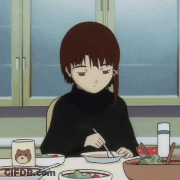 A Girl Is Sitting At A Table With A Bowl Of Soup And A Mug With A Teddy Bear On It GIF