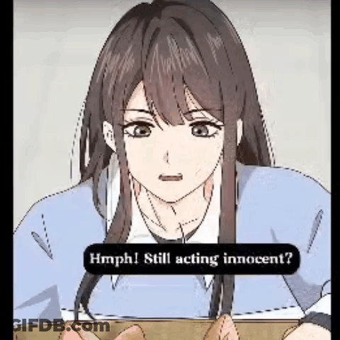 A Girl Is Sitting At A Table With A Box Of Food And A Sign That Says Hmph Still Acting Innocent . GIF