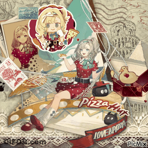 A Girl Is Sitting In A Hammock Holding A Slice Of Pizza With A Banner That Says Love & Pizza GIF