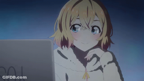 A Girl Is Sitting In Front Of A Laptop With The Word You Written On It GIF