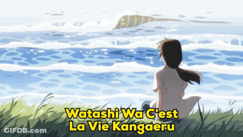 A Girl Is Sitting In The Grass Looking At The Ocean And The Words Watashi Wa C'est La Vie Kangeru Are Above Her GIF