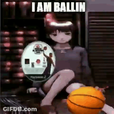 A Girl Is Sitting Next To A Basketball With The Words I Am Ballin Above Her GIF