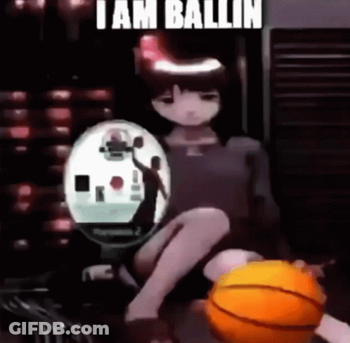 A Girl Is Sitting Next To A Basketball With The Words `` I Am Ballin '' Written On The Bottom . GIF