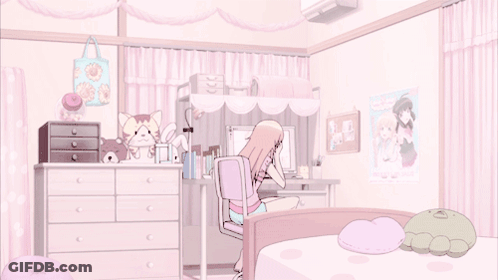 A Girl Is Sitting On A Bed In A Room With Posters On The Wall GIF