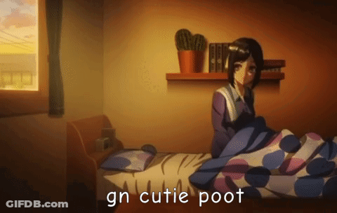 A Girl Is Sitting On A Bed With The Words " Gn Cutie Poot " Above Her GIF