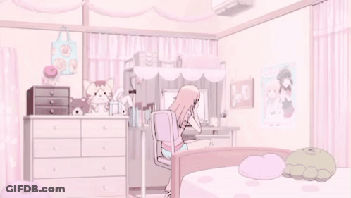 A Girl Is Sitting On A Chair In A Pink Bedroom With A Desk And A Bed . GIF