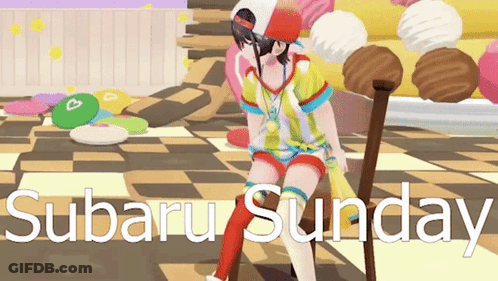 A Girl Is Sitting On A Chair With The Words Subaru Sunday On The Bottom GIF