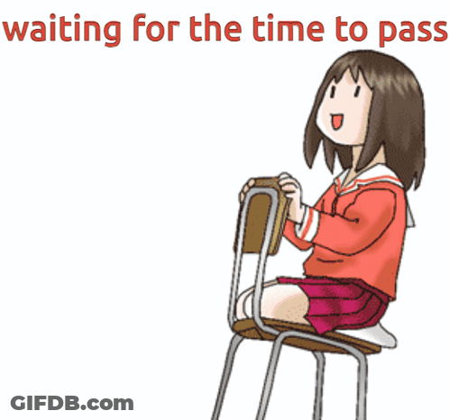 A Girl Is Sitting On A Chair With The Words Waiting For The Time To Pass Behind Her GIF