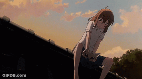 A Girl Is Sitting On A Roof With A Cat On Her Lap GIF
