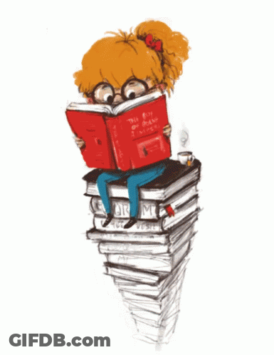A Girl Is Sitting On A Stack Of Books Reading A Book Titled " The Boy Who Drank The Moon " GIF
