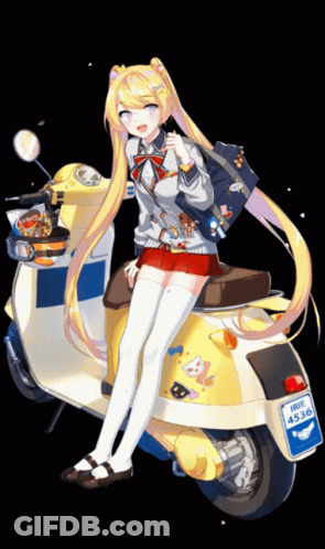 A Girl Is Sitting On A Yellow Scooter With A License Plate That Says Jmc 452A GIF