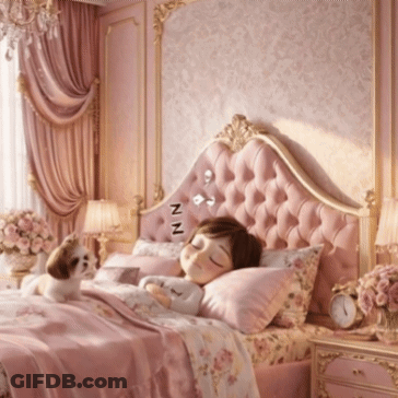 A Girl Is Sleeping In A Bed With A Dog And The Letters Nn Are Visible On The Headboard GIF