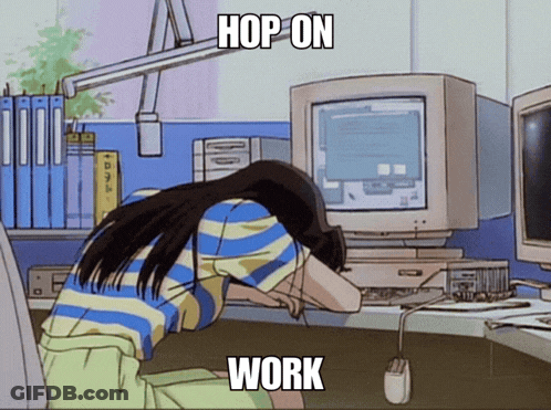 A Girl Is Sleeping In Front Of A Computer With The Words Hop On Work Above Her Head GIF