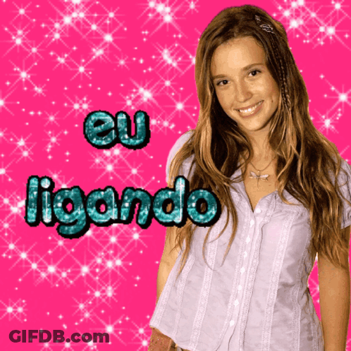 A Girl Is Smiling In Front Of A Pink Background With The Words Eu Ligando GIF