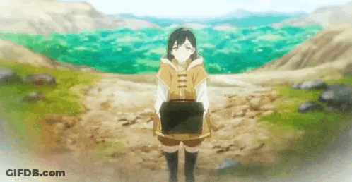 A Girl Is Standing In A Field Holding A Box In Her Hands . GIF